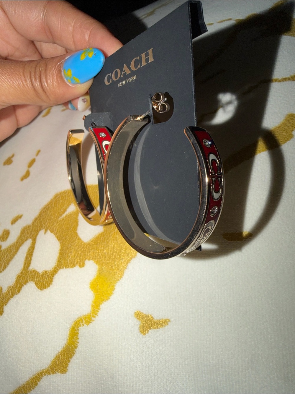 COACH Red Enamel Signature Hoop Earrings with Crystals - Picture 3 of 5